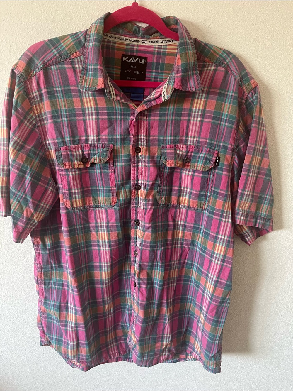 Kavu Men's Pink Green Plaid Short-Sleeve Button-Down Shirt